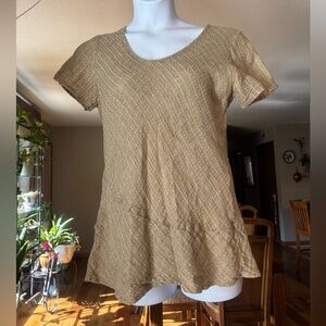 Flax 100% Linen Women’s Short Sleeve Textured Tiered Top in Tan Size M
